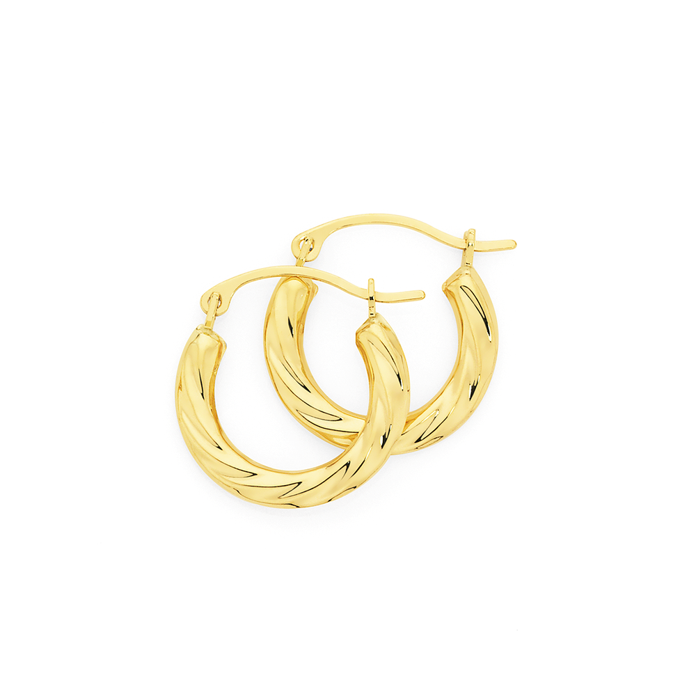 Hollow Oval Scalloped Hoop Earrings 14K Yellow Gold