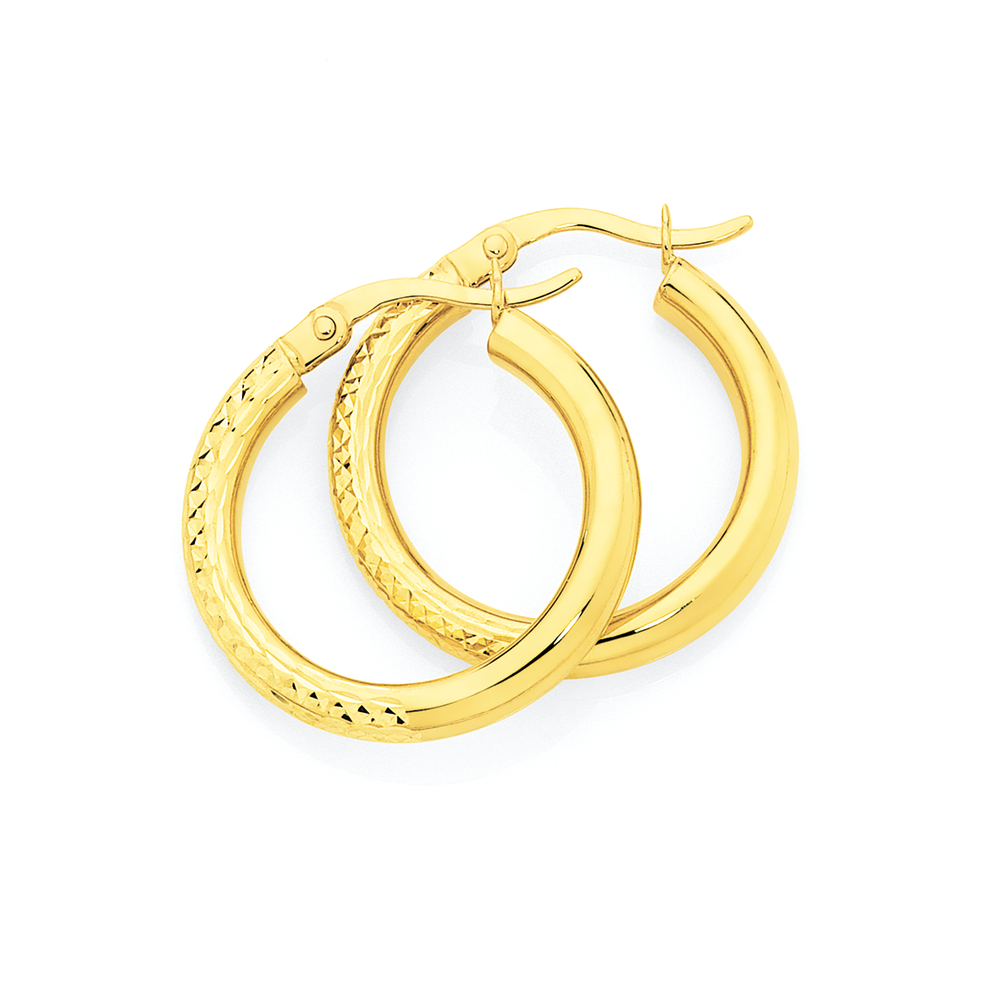 9ct gold diamond cut hoop earrings