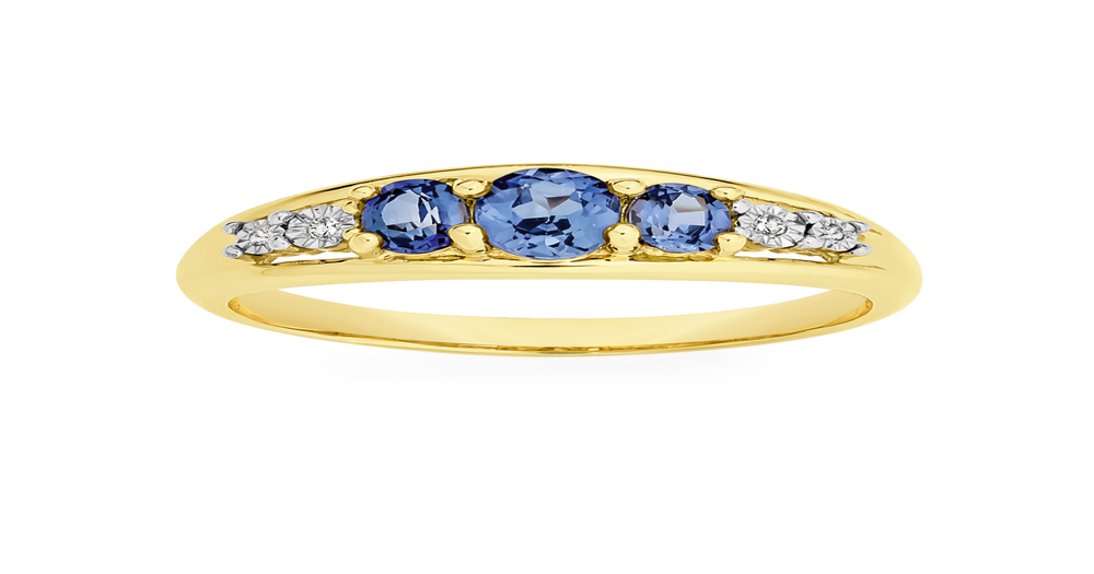 9ct Gold Created Sapphire & Diamond Oval Cut Trilogy Ring in Blue ...