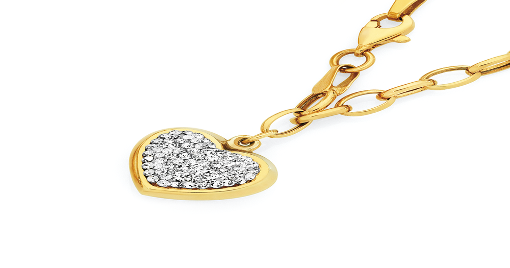 9ct Gold On Silver 19cm Crystal Heart Charm Bracelet in White ...