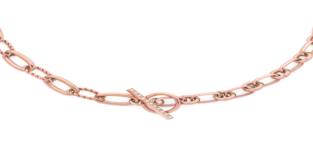 Rose Steel 45cm Duo Oval Twist & Plain Link Cz Fob Necklet in Rose ...