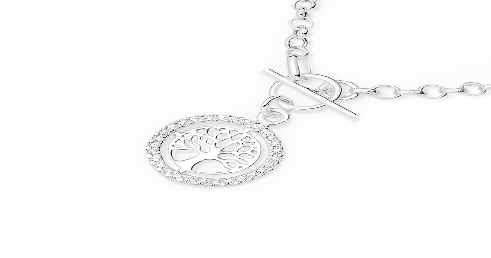 Silver 45cm Cz Tree Of Life Fob Necklace in White | Goldmark (AU)