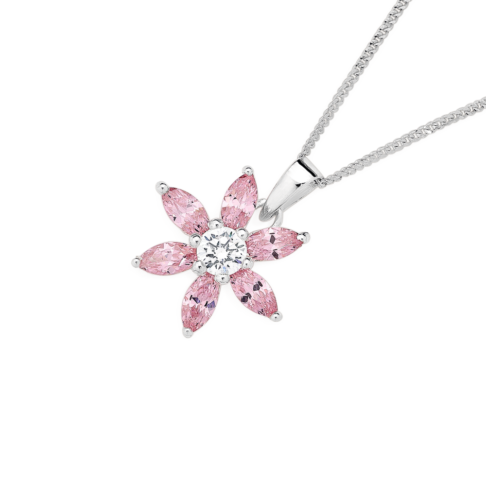 Silver Bloom Pink Cubic Zirconia Marquise Petals Flower Pendant in