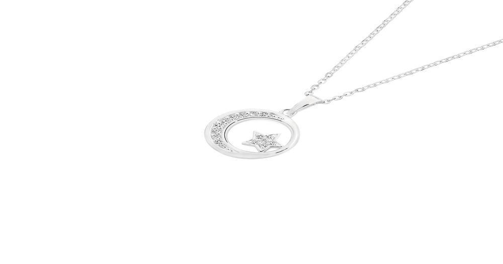 Silver Cz Moon & Star In Circle Pendant in White | Goldmark (AU)