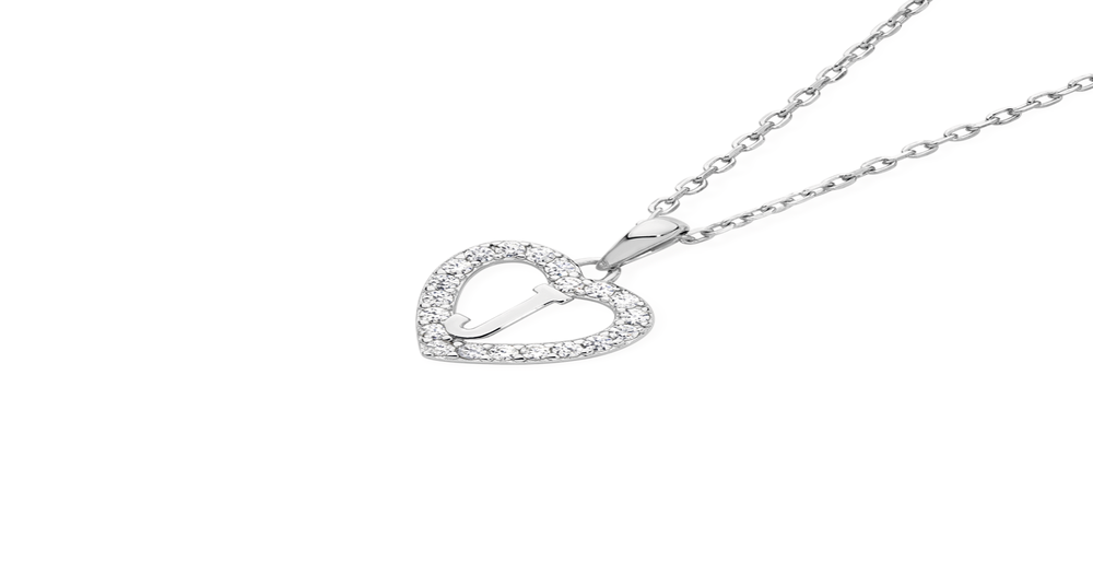 Silver Initial J In Cz Heart Pendant in White | Goldmark (AU)