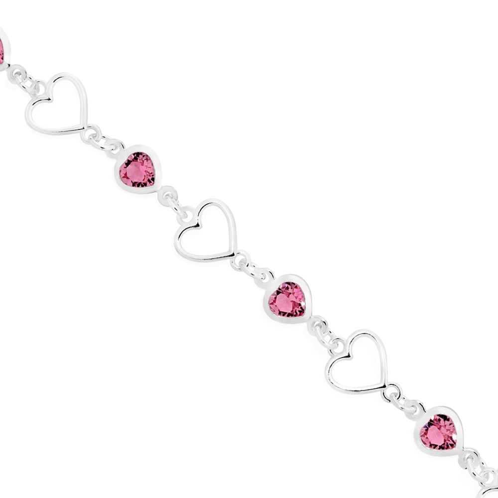 Silver Open Heart & Pink Crystal Heart Bracelet in Pink | Goldmark