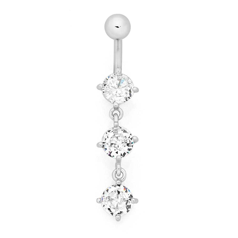 Silver Steel Three Cubic Zirconia Belly Bar in White Goldmark AU